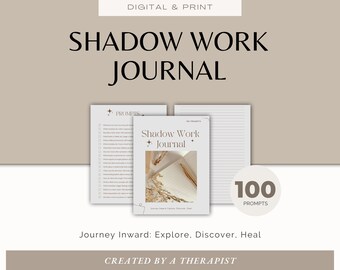Pode incluir: Um diário de trabalho de sombra imprimível digital com 100 prompts. A capa apresenta um diário fechado com uma caneta dourada e flores secas. O texto "Shadow Work + Journal" está no centro da capa. O texto "Journey Inward: Explore. Discover. Heal" está abaixo da imagem da capa. O texto "CREATED BY A THERAPIST" está na parte inferior da imagem.