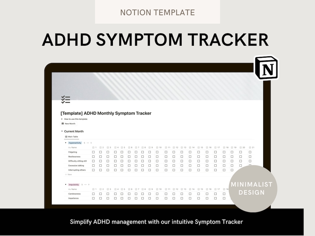 Notion Template ADHD Symptom Tracker Adult ADHD Minimalist Design