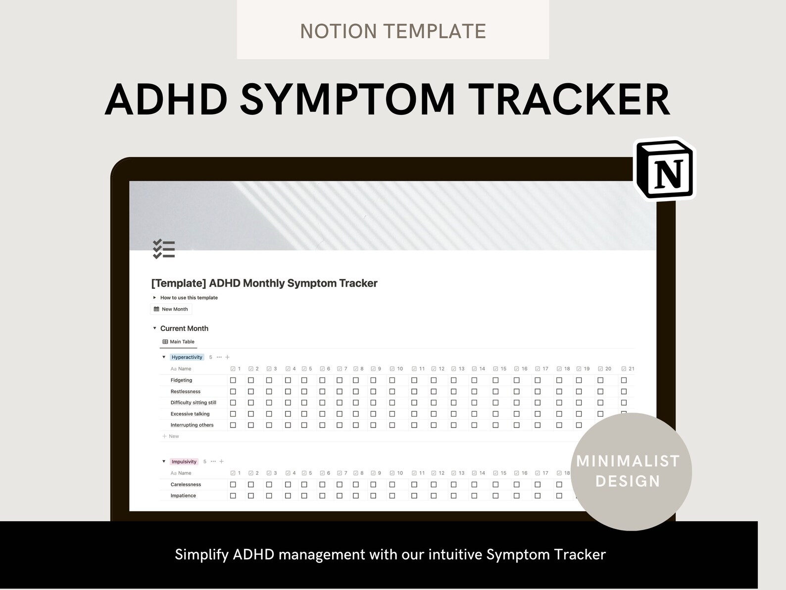 ADHD Symptom Tracker Notion Template Minimalist Digital Planner