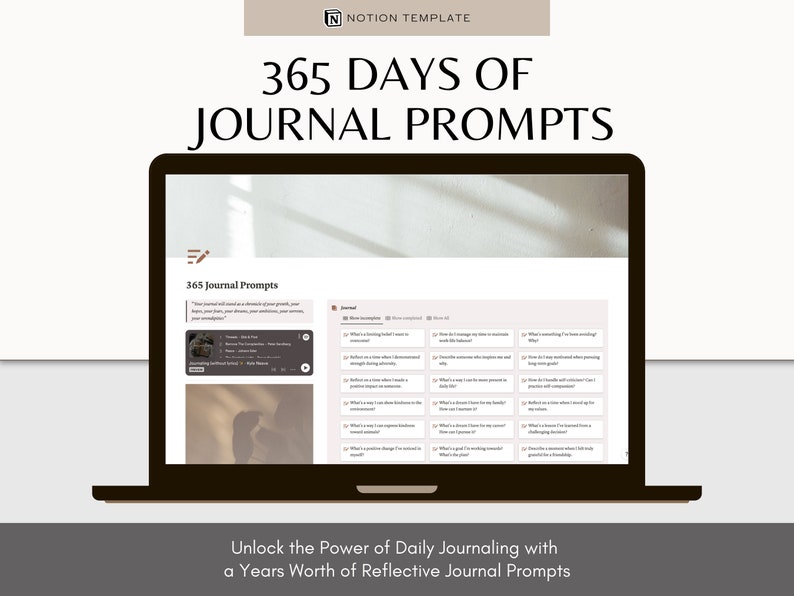 Notion 365 Day Self Reflective Journal Prompts Notion Templates Journalling A Year of Self Discovery Aesthetic Journal Planner image 1