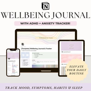 Notion Wellbeing Journal & Tracker | Rapporteren van ADHD + angstsymptomen | Stemming, emotie, slaap, energiejournaalsjabloon