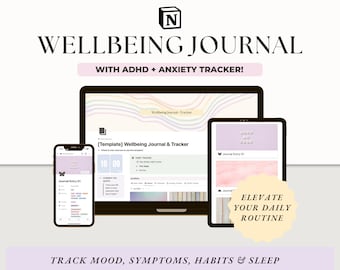 Notion Wellbeing Journal & Tracker | Relatório de sintomas de TDAH + ansiedade | Modelo de diário de humor, emoção, sono e energia