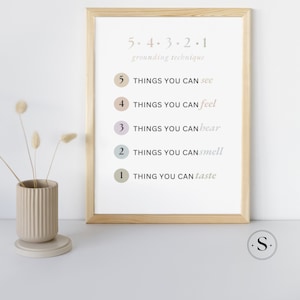 54321 Grounding Technique Poster Colour| Anxiety Tools | Coping Strategies | Therapist Office Decor | Grounding Wall Art | Printable