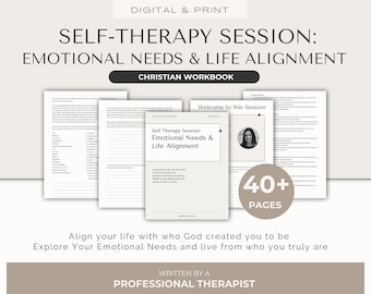 May include: A digital and printable Christian workbook titled "Self-Therapy Session: Emotional Needs & Life Alignment". The workbook is written by a professional therapist and includes over 40 pages of content. The cover features a photo of a woman smiling and the text "Welcome to this Session".