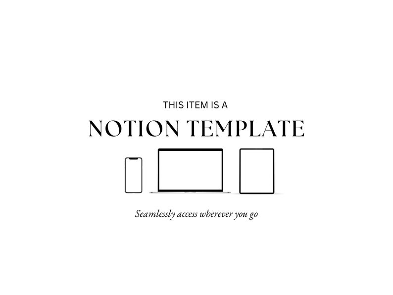Pode incluir: Este item &eacute; um modelo Notion. Acesso sem problemas onde quer que voc&ecirc; v&aacute;. A imagem mostra um telefone, um laptop e um tablet.