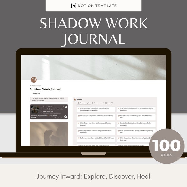 Shadow Work Journal Notion Template | 100 Self Reflection Prompts | Self Discovery | Inner Child Healing | Self Therapy Digital Workbook