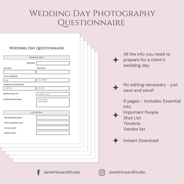 Wedding Day Photography Questionnaire - Fillable PDF for Photographers