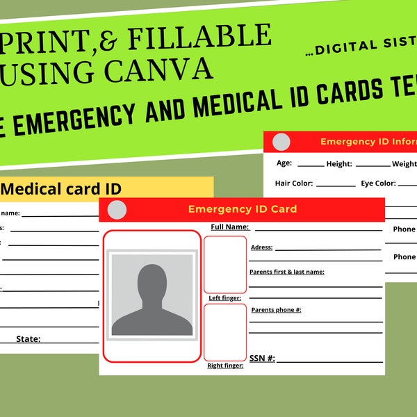 Printable Emergency and Medical Information Cards. Medical Alert ID. Medical Alert Card. Medical ID. Emergency ID For Wallets and backpacks.