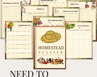 May include: A spiral-bound homestead planner with various record-keeping pages, including planting, goals, and inventory. The cover features a straw hat illustration and the text "HOMESTEAD PLANNER". The image also includes the text "NEED TO ORGANIZE YOUR HOMESTEAD?"