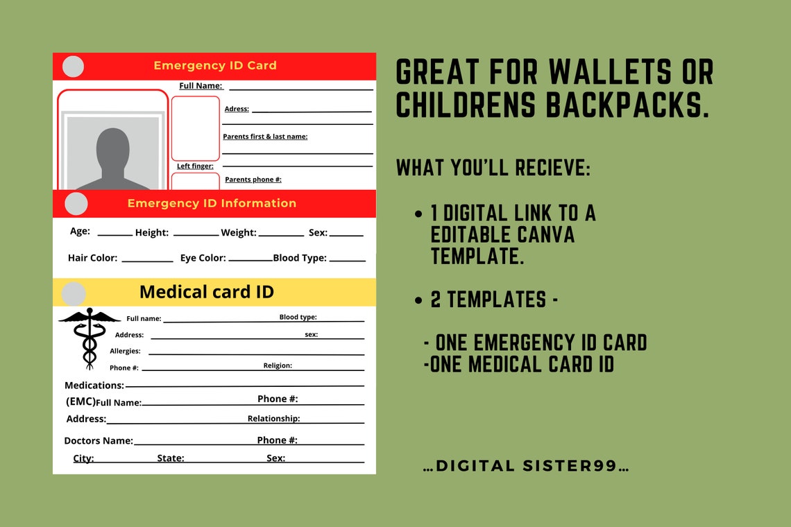 Printable Emergency and Medical Information Cards. Medical Alert ID ...