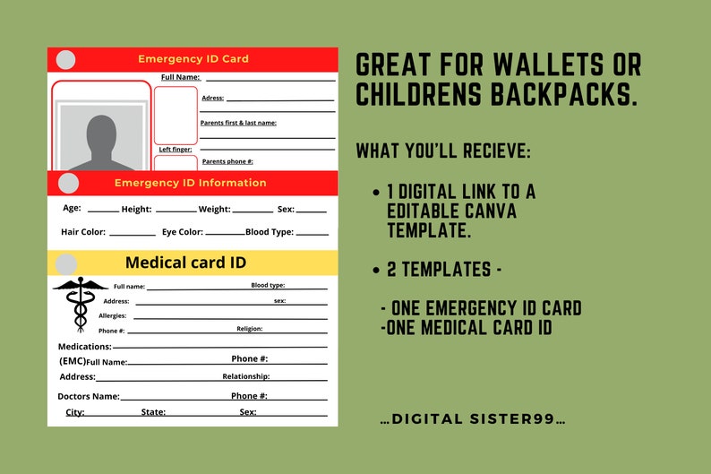 Printable Emergency and Medical Information Cards. Medical Alert ID