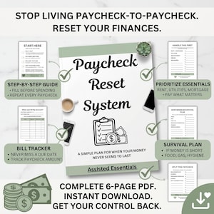 Könnte beinhalten: Ein sechsseitiger PDF-Finanzplaner mit dem Titel Paycheck Reset System. Das Deckblatt zeigt ein Klemmbrett- und Geldsymbol mit dem Text A simple plan for when your money never seems to last. Enthält Seiten zur Rechnungsverfolgung und Budgetplanung.
