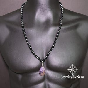 Genuine Black Onyx Necklace With Crystal Amethyst Pendant, Unisex Beaded Necklace, Handmade Gemstone Necklace, Black Beaded Boho Necklace