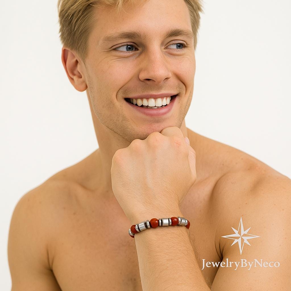 Genuine Red Jasper & Hematite Elastic Bracelet for Men: Mens Protection Jewelry, Beaded Bracelet
