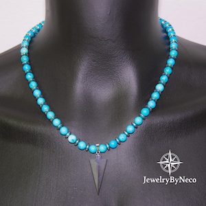 Mens Turquoise Necklace with Arrowhead Pendant, Tribal Gemstone Necklace, Mens Beaded Necklace, Protection Necklace for Him, Handmade Gift