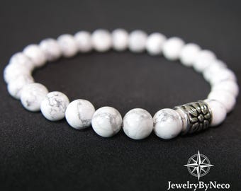 Howlite Bracelet for Men, Mens Genuine White Beaded Elastic Bracelet, Protection Gemstone
