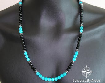 Turquoise & Onyx Beaded Necklace for Men and Women, Genuine Gemstone Choker Necklace, Short - Long