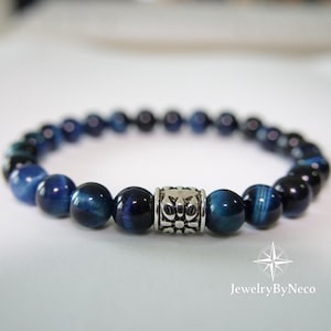 Echte blauwe tijgeroogarmband, herendames kralenarmband, elastische armband, edelsteenarmband, beschermingssteenarmband