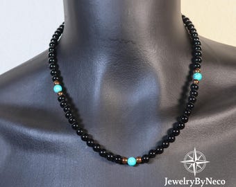 Black Onyx & Turquoise Beaded Necklace for Men and Women, Genuine Gemstone Choker Necklace, Protection