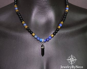 Natural Lapis Lazuli Necklace With Onyx Pendant, Gemstone Beaded Necklace for Men, Adjustable, Healing Stone Necklace, Unique Boho Necklace