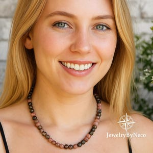 Rhodonite Heart Chakra Pink Beaded Necklace for Women: Handmade Gemstone Healing Womens Necklace