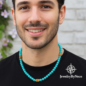 Genuine Turquoise Necklace for Men: Tribal & Ethnic Boho Style Necklace, Mens Natural Beaded Jewelry