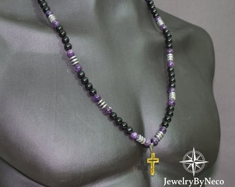 Herren Amethyst Edelstein Perlen Halskette Kreuz Anhänger, Verstellbare Schutzstein Halskette, Beruhigung Entspannung Coole Boho Halskette für Männer