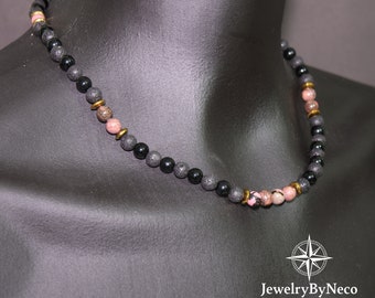 Rhodonite Gemstone Beaded Choker Necklace, Adjustable Boho Necklace, Emotional Healing Stone Necklace, Handmade Unique Unisex Necklace Gift