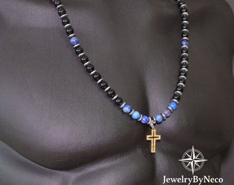 Herren Lapis Lazuli Edelstein Perlen Halskette Kreuz Anhänger, Handgefertigte Heilstein Halskette, Einstellbar Lange Blau Boho Halskette, Geschenk für Ihn