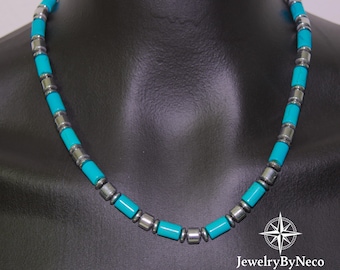 Mens Turquoise Howlite and Hematite Beaded Choker Necklace, Protection Necklace for Men, Gemstone Jewelry