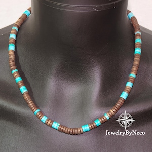 Heishi Turquoise & Wood Necklace for Men: Beach Summer Surfer Necklace, Tribal Ethnic Western Jewelry