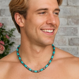 Mens Turquoise Howlite & Hematite Beaded Choker Necklace: Blue Natural Stone Necklace for Men