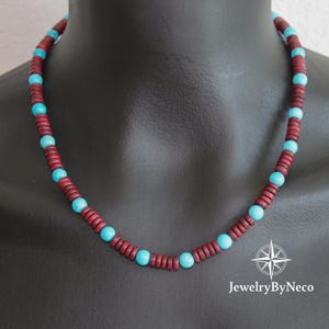 Genuine Oud Wood Turquoise Necklace for Men, Southwestern Turquoise Necklace, Beaded Boho Necklace, Ethnic Necklace Men, Gemstone Necklace