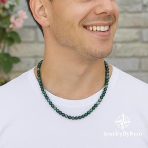 Moss Agate Necklace for Men: Handmade Green Gemstone Beaded Mens Necklace