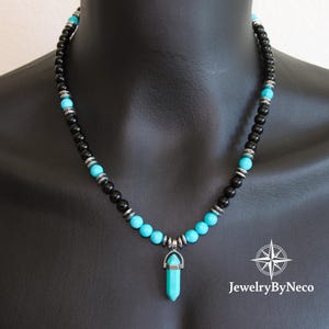 Men&#39;s Genuine Turquoise Necklace, Blue Gemstone Necklace, Men&#39;s Beaded Necklace, Mens Natural Stone Necklace, Mens Healing and Luck Necklace