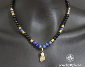 Natural Lapis Lazuli Necklace With Citrine Pendant, Gemstone Beaded Necklace for Men and Women, Handmade Stylish Boho Necklace, Unique Gift