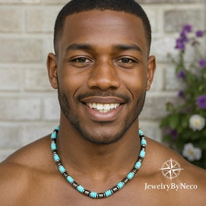 Mens Genuine Heishi Turquoise & Hematite Choker Necklace: Gemstone Beaded Protection Necklace