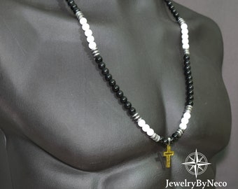 Mens Black & White Onyx Gemstone Beaded Necklace Cross Pendant, Adjustable Protection Healing Stone Necklace Long Boho Necklace Gift for Him