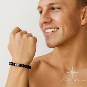 Mens Black Obsidian Elastic Bracelet: Natural Stone Protection Jewelry, Handmade Gemstone Beaded Bracelet