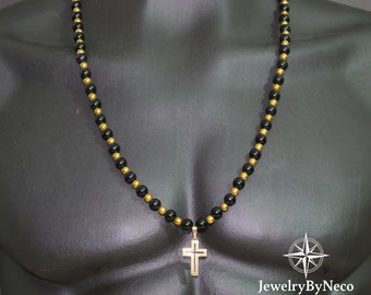 Herren Gold Hämatit Schwarz Onyx Edelstein Perlen Halskette Kreuz Anhänger, Handgefertigte Emotionale Heilstein Halskette, Lange Einzigartige Boho Halskette