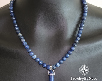 Mens Lapis Lazuli Beaded Necklace, Genuine Gemstone Necklace for Men, Blue Protection Jewelry