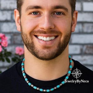 Mens Heishi Turquoise & Hematite Choker Necklace: Elegant Blue Beaded Necklace for Men