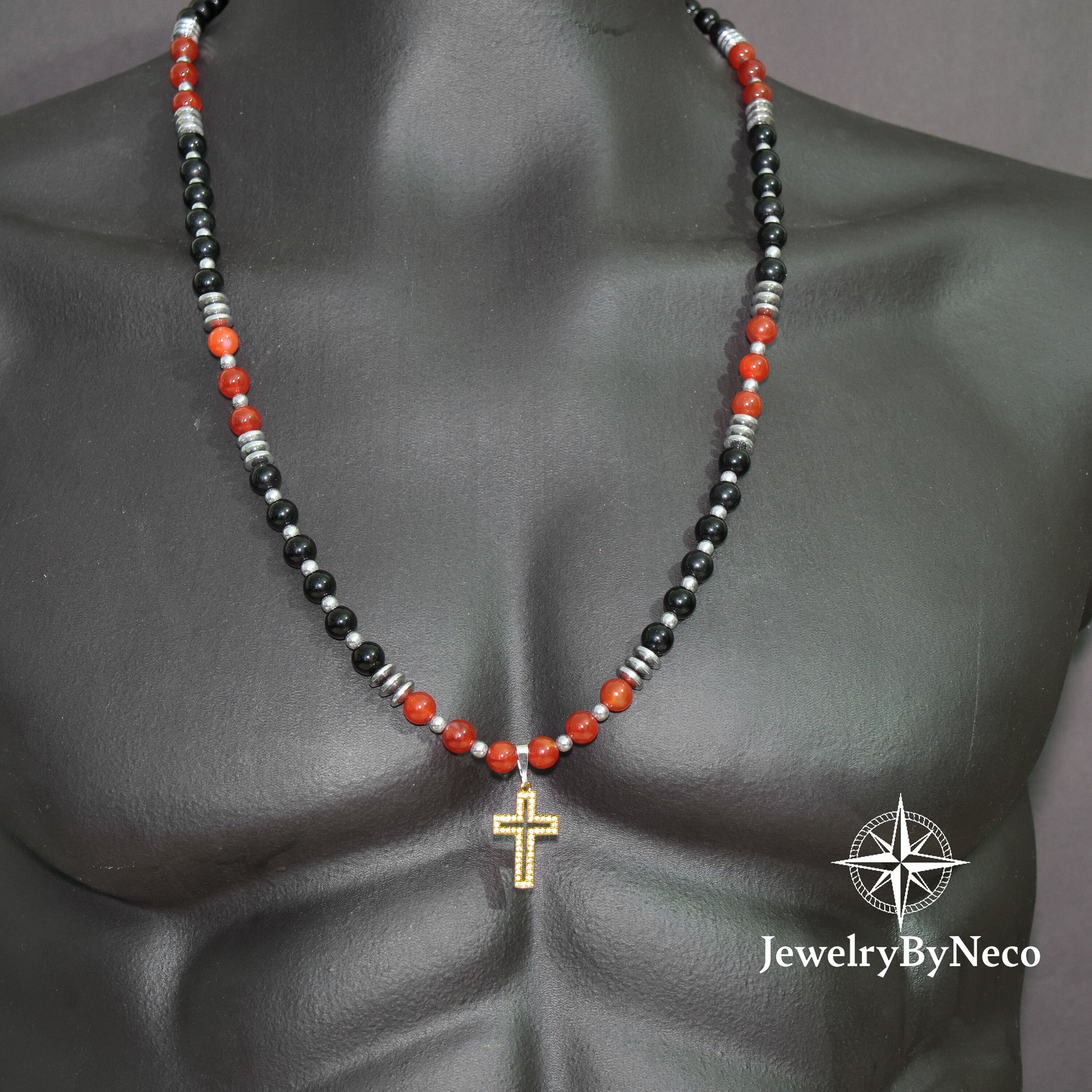 Men's Cross Necklace, Red Carnelian Agate Necklace With Cross Pendant, Men's Beaded Necklace, Men's Red Necklace, Men's Gemstone Necklace