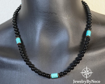Mens Womens Black Onyx & Turquoise Howlite Beaded Necklace, Protection Gemstone Choker Necklace, Unisex