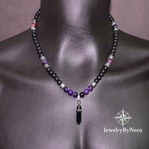 Genuine Purple Tiger Eye & Onyx Beaded Mens Necklace: Protection and Strengthening Necklace for Men, Unique Natural Stone Necklace for Men