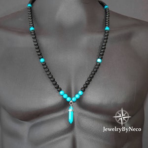 Mens Genuine Turquoise Necklace, Real Turquoise Necklace, Mens Beaded Necklace, Mens Natural Stone Necklace, Mens Black & Blue Boho Necklace