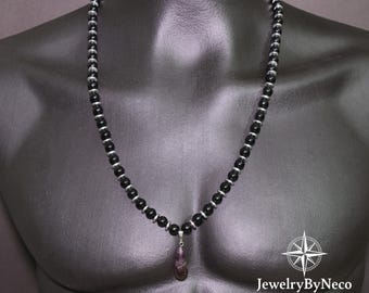 Mens Onyx Beaded Necklace with Drop Amethyst Pendant, Gemstone Necklace for Men, Chakra Jewelry