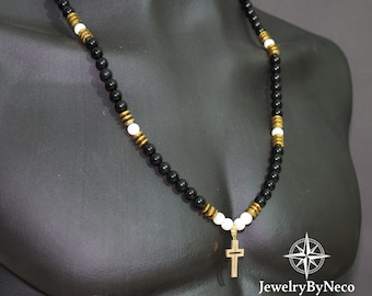 Herren Perlmutt (MOP) Perlen Halskette Kreuz Anhänger, handgefertigte verstellbare lange Stein Halskette, Perlmutt Schmuck, Geschenk für ihn
