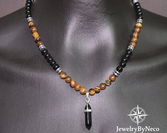 Mens Tiger Eye & Onyx Beaded Necklace with Pendant, Genuine Gemstone Protection Necklace for Men