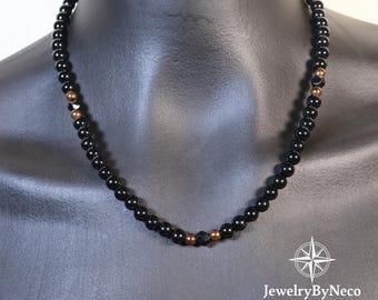 Mens Womens Black Onyx Beaded Necklace, Unique Gemstone Necklace, Short or Long, Unisex